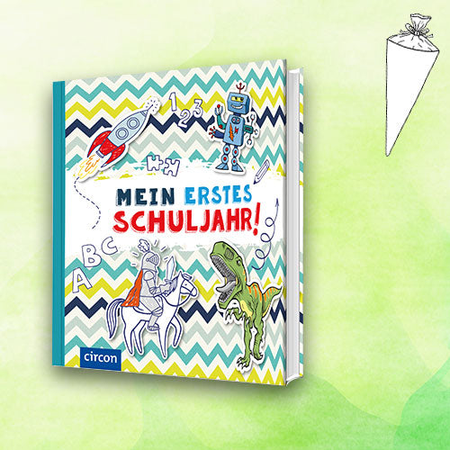 Das Bild zeigt das Eintragealbum mit dem Titel "Mein erstes Schuljahr!" und ist auf einem hellgrünen Hintergrund abgebildet. In der rechten Ecke ist eine Illustration in Form einer Schultüte zu sehen.