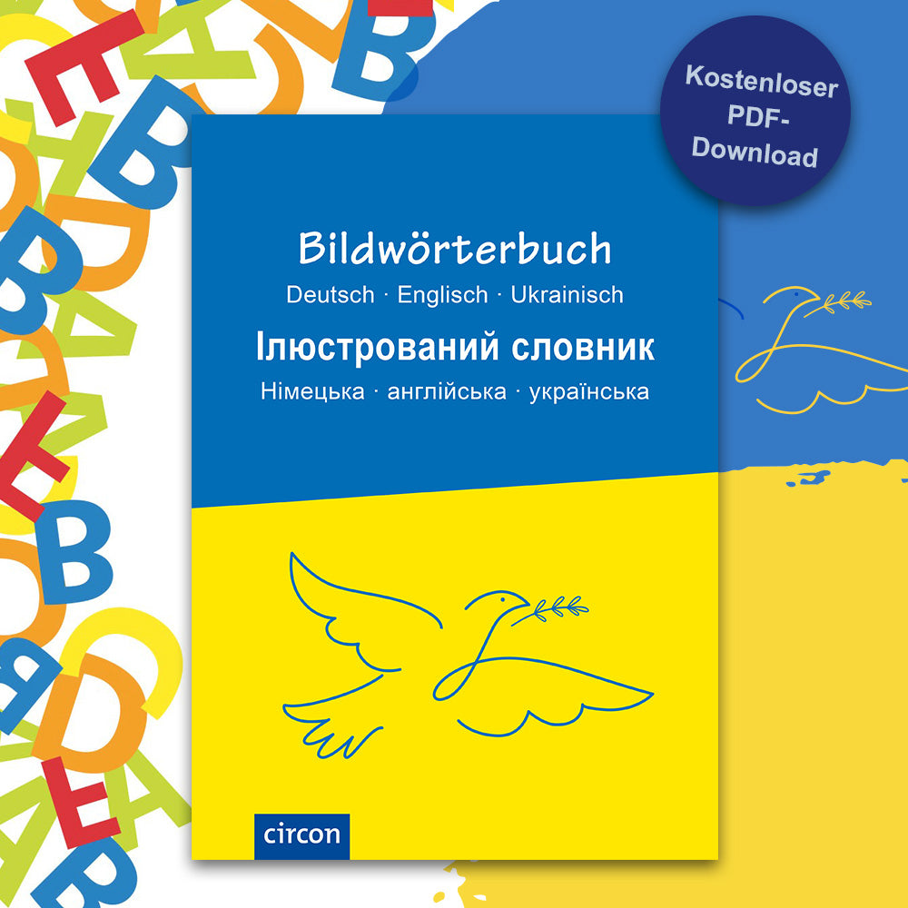 Zu sehen ist das Cover des Bilderwörterbuchs Deutsch, Englisch, Ukrainisch, das ebenfalls auf dem Cover geschrieben steht, auch in kyrillischer Schrift. Das Cover und der linke Hintergrund sind jeweils halb blau und gelb in den Farben der ukrainischen Flagge, auf beiden ist auch eine Friedenstaube abgebbildet. Am Rand des Bildes links sind bunte Großbuchstaben zu sehen, die durcheinander stehen..