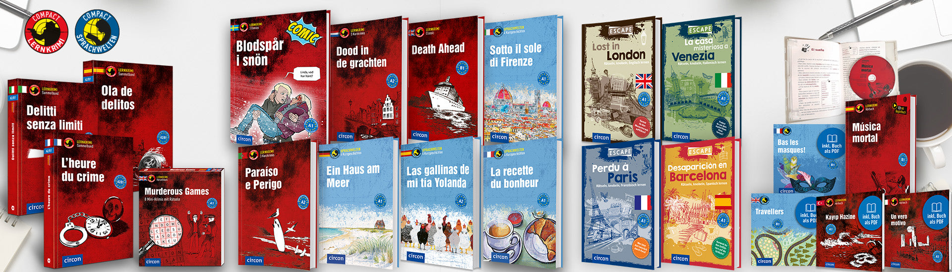 Der Banner zeigt verschiedene Cover der Circon Sprachlektüren sowie ein Hörbuch mit CD. Der Hintergrund ist weiß, auf der rechten Seite ist eine angeschnittene Kaffeetasse zu sehen. Ein Kugelschreiber, ein stück eines Laptops und ein Stück eines Schreibblocks sind in den vier Ecken abgebildet.