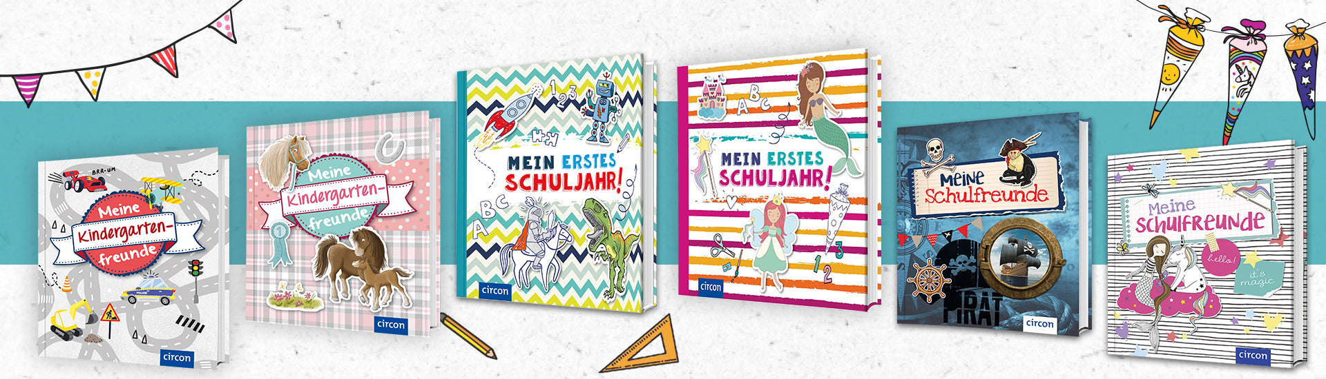 Das Bild zeigt sechs Eintragealben rund um die Schulzeit: zwei Alben für das erste Schuljahr - jeweils für Junge und Mädchen -, zwei Freundealben für Schule (Piraten und Feen & EInhörner) und für den Kindergarten (Pferde und Fahrzeuge). Zudem sind zwei Girlanden, eine davon mit Schultüten, und zwei Illustrationen in Form von Schulmaterial zu sehen.