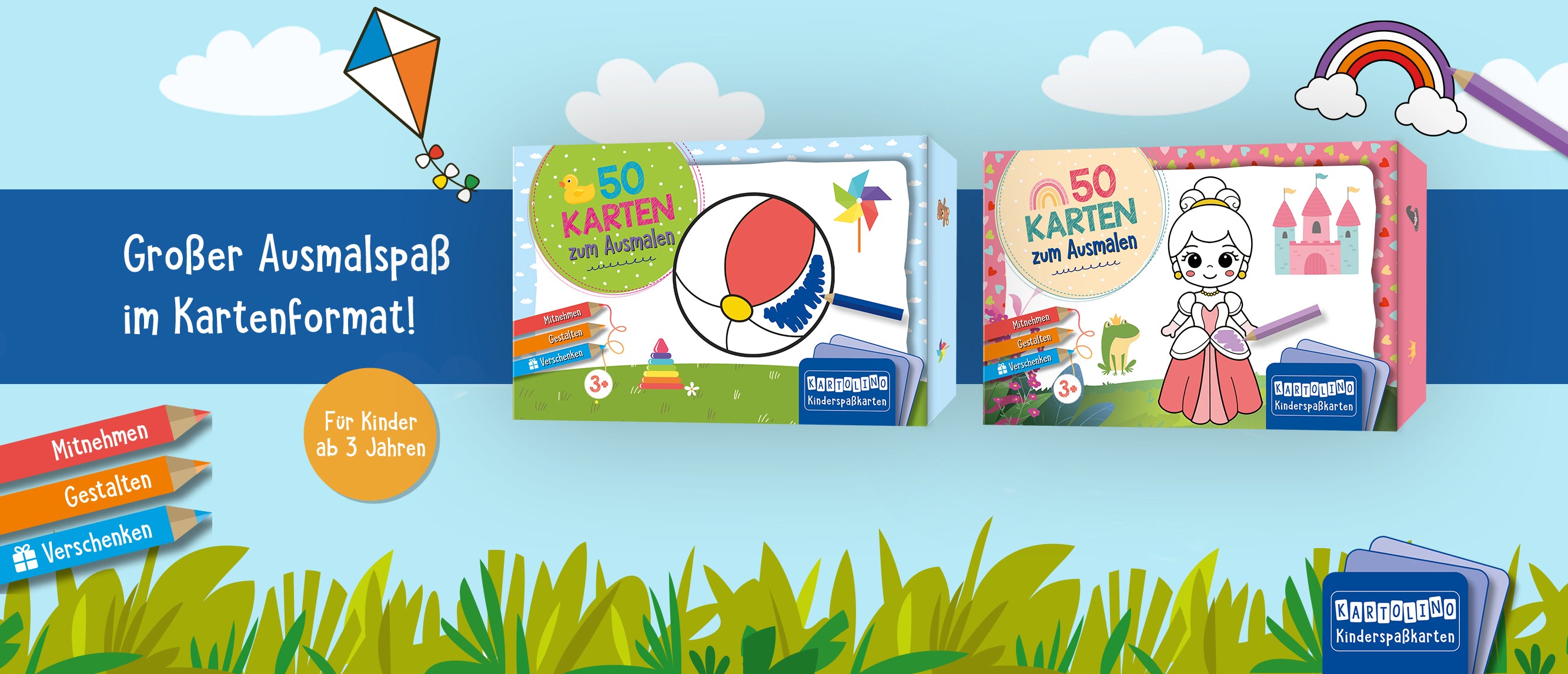 Der Slider zeigt die beiden Kartenboxen "50 Karten zum Ausmalen - Erste Dinge" u. "Zauberwelt" auf hellblauem Wolken-Hintergrund mit Wiese darunter und zwei kleinen Illustrationen. Rechts unten ist das KARTOLINO-Logo abgebildet. Auf der linken Seite sind drei Stifte-Illus, auf denen "Mitnehmen, Gestalten, Verschenken" steht. Rechts davon ist ein Button mit "Für Kinder ab 3 Jahren". Hinter den Covern liegt ein dunkelblauer Streifen über den gesamten Slider, auf dem steht: "Großer Ausmalspaß im Kartenformat!"