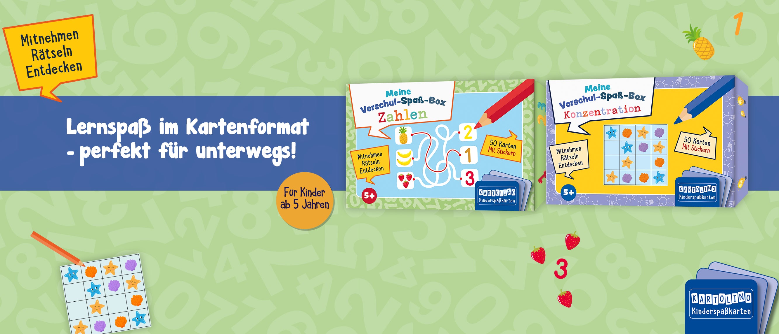 Der Slider zeigt die zwei "Meine Vorschul-Spaß-Boxen- Zahlen" und "Konzentration" auf hellgrünem Zahlen-Hintergrund mit farbigen Illustrationen aus den Covern. Rechts unten ist das KARTOLINO-Logo abgebildet. Hinter den Covern liegt ein blauer Streifen über den gesamten Slider. Unter dem Streifen ist ein Button mit "Für Kinder ab 5 Jahren" abgebildet, darüber ein Element aus den Covern, auf dem steht "Mitnehmen, Rätseln, Entdecken". Links steht davon steht "Lernspaß im Kartenformat - perfekt für unterwegs!"