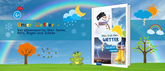 Der Slider zeigt das Kindersachbuch "Mein Buch übers Wetter" für Kinder ab 6 Jahren. Im Hintergrund ist eine Illustration mit Regenbogen, Bäumen, einem Frosch und verschiedenen Wetterelementen. Es liegt ein transparenter Streifen hinter dem Buchcover. Auf diesem steht: "Unser Wetter - Viel Wissenswertes über Sonne, Blitz, Regen und Schnee".