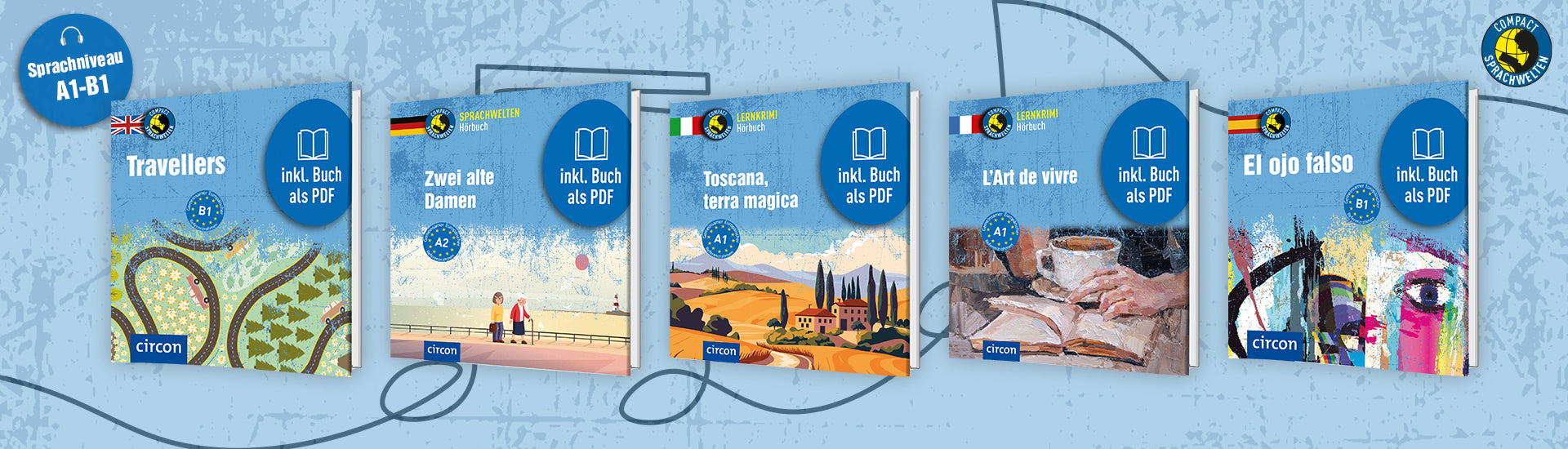Der Banner zeigt fünf (digitale) Hörbücher der Reihe Sprachwelten Kurzgeschichten in fünf unterschiedlichen Sprachen. Im Hintergrund ist ein Notenschlüssel und eine Musiknote zu sehen. In der rechten oberen Ecke ist das Compact Sprachwelten Logo abgebildet. In der linken oberen Ecke befindet sich ein blauer Button, auf dem in weißer Farbe ein Kopfhörer zu finden ist und es steht "Sprachniveau A1-B1" darauf.