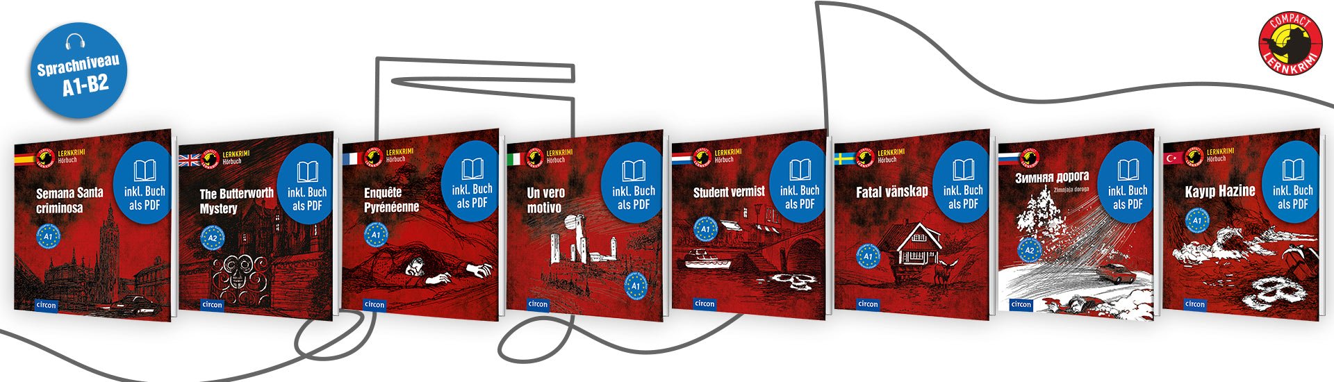 Der Banner zeigt acht (digitale) Hörbücher der Reihe Lernkrimi in acht unterschiedliche Sprachen. Im Hintergrund ist ein Notenschlüssel und eine Musiknote zu sehen. In der rechten oberen Ecke ist das Compact Sprachwelten Logo abgebildet. In der linken oberen Ecke befindet sich ein blauer Button, auf dem in weißer Farbe ein Kopfhörer zu finden ist und es steht "Sprachniveau A1-B2" darauf.