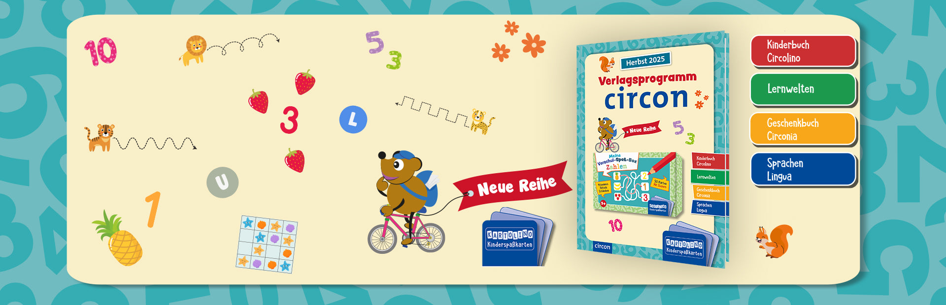 Der Slider zeigt einen einfarbigen Hintergrund mit kleinen Illustrationen zum Thema Vorschule. Das 3d Cover des Verlagsprogramm Herbst 2025 ist abgebildet, außerdem eine Illustration mit einer Fahne, auf welcher "Neue Reihe" steht. Zu sehen ist auch das KARTOLINO Logo und die vier Programmbereiche des Verlagsprogramms in Form von vier bunten, rechteckigen Kästen.