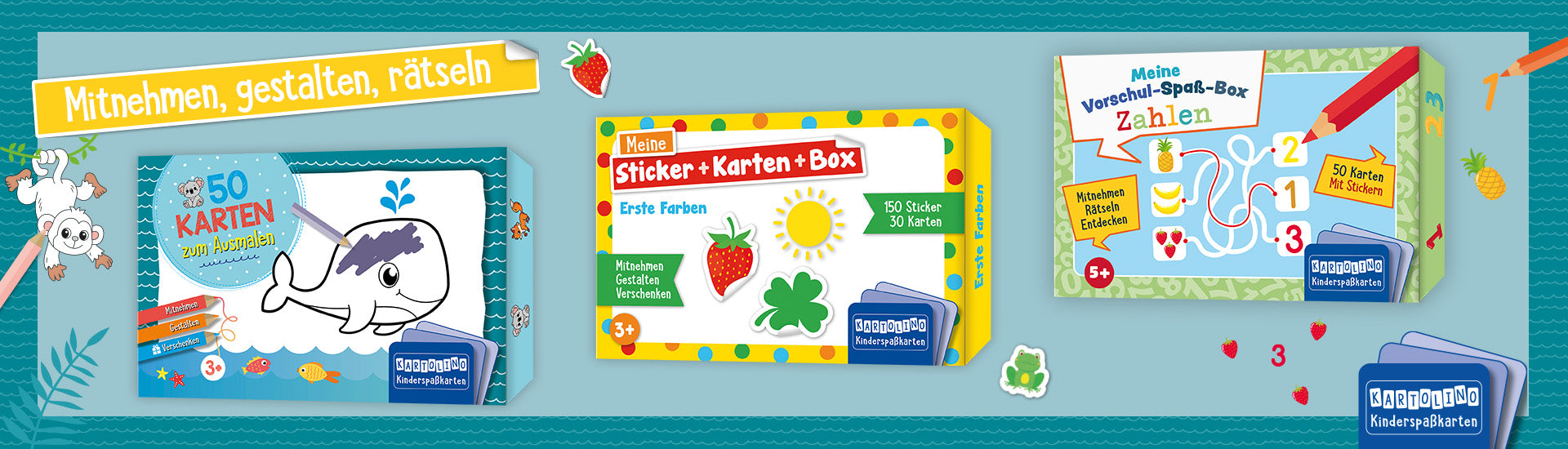 Der Banner zeigt die drei KARTOLINO Kinderspaßkarten-Boxen "50 Karten zum Ausmalen - Tiere", "Meine Sticker+Karten+Box - Erste Farben" und "Meine Vorschul-Spaß-Box - Zahlen" auf hellblauem Hintergrund mit gemustertem, türkisfarbenen Rahmen. Rechts unten findet sich das KARTOLINO Kinderspaßkarten-Logo. Links oben ist ein gelbes Fähnchen, auf dem steht: "Mitnehmen, gestalten, rätseln." Zudem  Illustrationen, die sich auf den drei Covern wiederfinden. 
