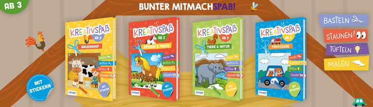 Der Banner zeigt die vier Kreativspaß-Mitmachbücher für Kinder ab 3 Jahren mit dem Titel "Bunter Mitmachspaß" darüber. Es sind einige Illustrationen abgebildet und in vier Kacheln steht Basteln, Staunen, Tüfteln und Malen.