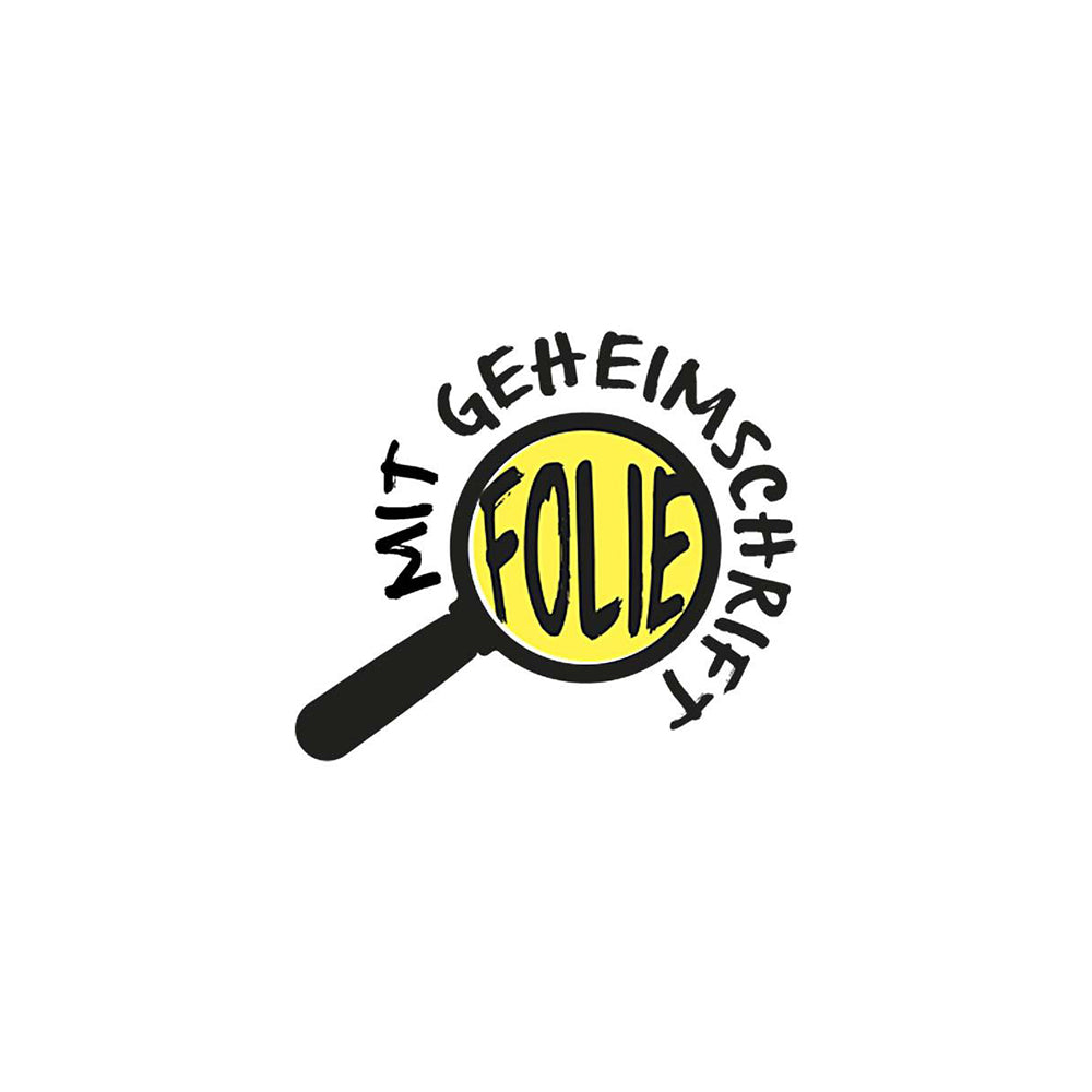 Das Bild zeigt eine schwarze Lupe mit gelber Linse, auf der das Wort "Folie" steht. Außen um die Lupe herum steht "Mit Geheimschrift", die zwei Worte sind der runden Form der Lupe angepasst.