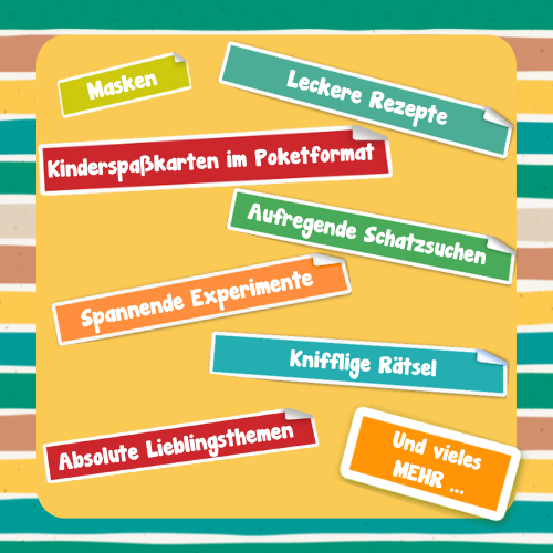 Es sind verschiedene bunte Stickerschilder mit Text wie beispielsweise Masken und Leckere Rezepte zu sehen. die Schilder sind auf einem gelben Hintergrund platziert, dieser wiederum auf einem bunt gestreiften Hintergrund.