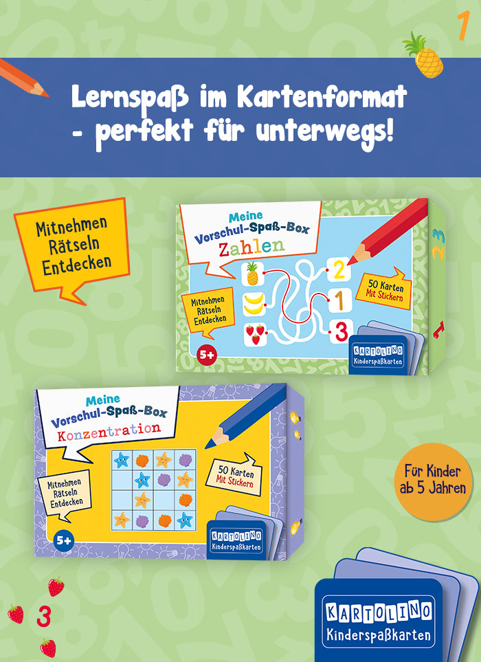 Der Slider zeigt die zwei "Meine Vorschul-Spaß-Boxen- Zahlen" und "Konzentration" auf hellgrünem Zahlen-Hintergrund mit farbigen Illustrationen aus den Covern. Rechts unten ist das KARTOLINO-Logo abgebildet. Darüber ist ein Button mit "Für Kinder ab 5 Jahren" abgebildet. Über den Covern steht ein blauer Streifen, auf dem steht: "Lernspaß im Kartenformat - perfekt für unterwegs!" Unter dem Streifen ist ein Element aus den Covern abgebildet, auf dem steht "Mitnehmen, Rätseln, Entdecken". 