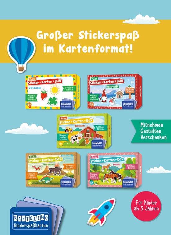 Der Slider für die Mobile Version zeigt fünf Meine Sticker+Karten+Boxen auf hellblauem Hintergrund mit Wolken-Illus, zudem eine Heißluftballon und eine Raketen-Illustration. Links unten ist das KARTOLINO-Logo abgebildet, rechts ein Button mit "Für Kinder ab 3 Jahren". Auf einem gelben Streifen über den fünf Kartenboxen steht "Großer Stickerspaß im Kartenformat"!