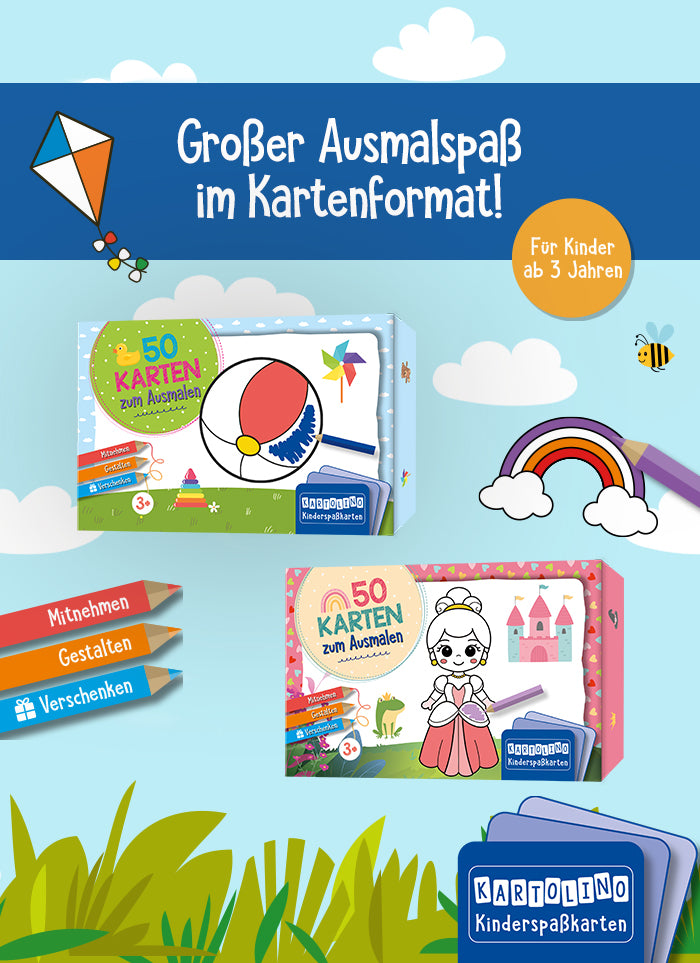 Der Slider zeigt die beiden Kartenboxen "50 Karten zum Ausmalen - Erste Dinge" u. "Zauberwelt" auf hellblauem Wolken-Hintergrund mit Wiese darunter und kleinen Illustrationen. Rechts unten ist das KARTOLINO-Logo abgebildet. Auf der linken Seite sind drei Stifte-Illus, auf denen "Mitnehmen, Gestalten, Verschenken" steht. Über den Covern steht ein dunkelblauer Streifen, auf dem steht: "Großer Ausmalspaß im Kartenformat!" Rechts davon ist ein Button mit "Für Kinder ab 3 Jahren". 