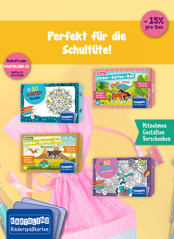 Das Bild zeigt ein Foto mit einer Schultüte und Schulmaterial als Hintergrund. Darüber steht ein transparenter gelber Schriftzug, auf dem steht: "Perfekt für die Schultüte!" Zudem sind vier 3D-Cover von KARTOLINO Kinderspaßkarten zum Ausmalen und Stickern abgebildet. Außerdem das KARTOLINO Kinderspaßkarten Logo, zwei pinke Button mit Hinweisen auf -15% und dem Rabattcode. In der Mitte der rechten Seite ist ein türkisfarbenes Fähnchen zu sehen, auf dem steht: "Mitnehmen Gestalten Verschenken". 