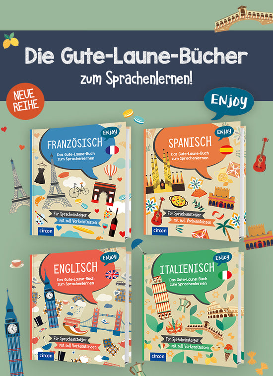 Der Banner zeigt vier Buch-Cover der Reihe "Enjoy", darüber liegt ein transparenter blauer Streifen. Auf diesem steht "Die Gute-Laune-Bücher zum Sprachenlernen!", darunter ein oranger Button mit "Neue Reihe". Rechts davon ist das Enjoy Logo abgebildet, zudem sind einige Illustrationen zu sehen, die sich auch auf den Buchcovern wiederfinden.