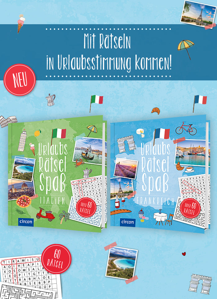 Der Slider zeigt die zwei 3D-Buchcover "Urlaubsrätsel Spaß" Italien und Frankreich auf hellblauem Hintergrund. Über den Covern ist ein blauer Streifen, auf dem steht: "Mit Rätseln in Urlaubsstimmung kommen!". Links davon befindet sich ein "Neu"-Button, in der unteren linken Ecke sind zwei Rätsel mit einem Button "60 Rätsel" abgebildet. Des weiteren sind eine Italien- bzw. Frankreich-Flagge, sowie Fotos u. für die beiden Länder typische Illustrationen zu sehen, die sich auch auf den Buchcovern wiederfinden. 