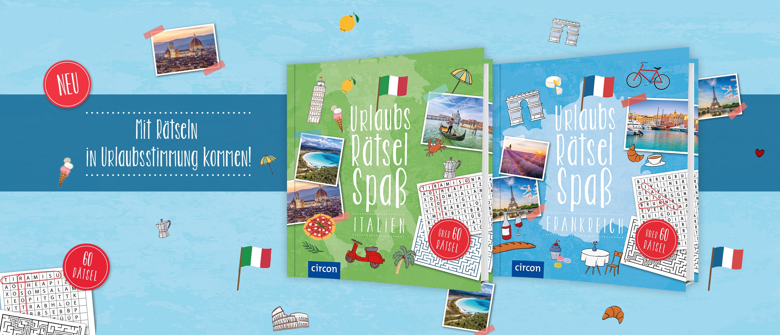Der Slider zeigt die zwei 3D-Buchcover "Urlaubsrätsel Spaß" Italien und Frankreich auf hellblauem Hintergrund. Darüber liegt ein blauer Streifen, auf dem steht: "Mit Rätseln in Urlaubsstimmung kommen!". Links davon befindet sich ein "Neu"-Button, in der unteren linken Ecke sind zwei Rätsel mit einem Button "60 Rätsel" abgebildet. Des weiteren sind eine Italien- bzw. Frankreich-Flagge, sowie Fotos und für die beiden Länder typische Illustrationen zu sehen, die sich auch auf den Buchcovern wiederfinden. 